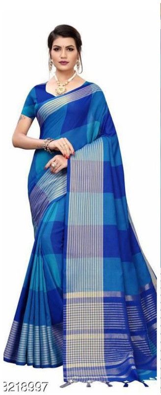 Striped Daily Wear Cotton Blend Saree  (Blue)
