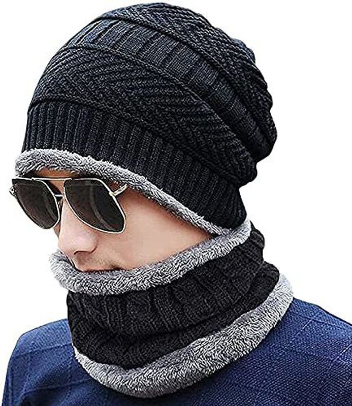 Unisex Beanie Winter Cap with Neck Warmer for Men & Women, Thick Fluffy Woolen Cap
