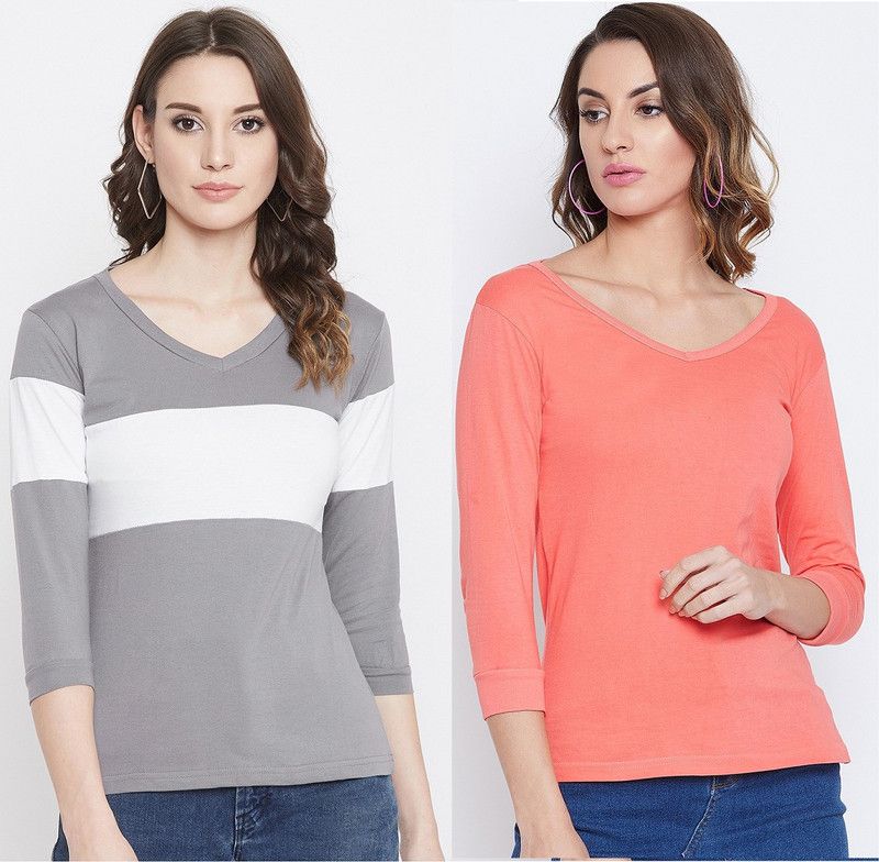 Pack of 2 Women Colorblock V Neck Cotton Blend Multicolor T-Shirt