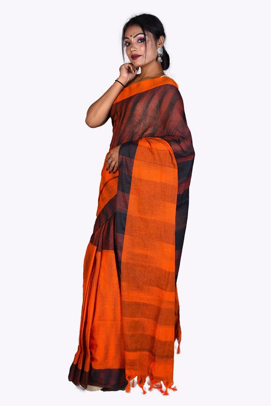 Woven Handloom Pure Cotton Saree  (Black, Orange)