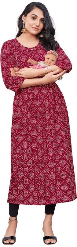 Women Bandhani Viscose Rayon Flared Kurta  (Maroon)