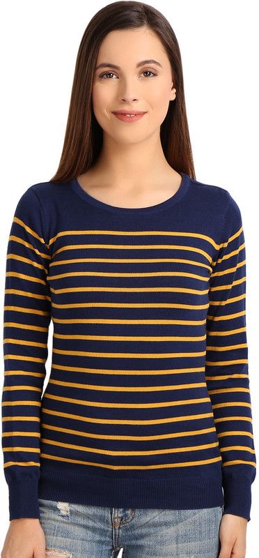 Women Striped Round Neck Blue, Yellow Sweater