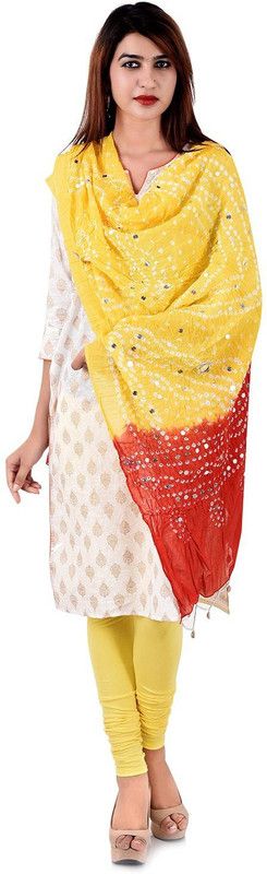 Cotton Blend Printed Red, Yellow Women Dupatta