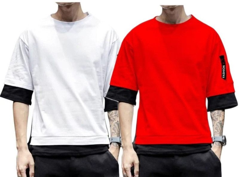 Pack of 2 Men Colorblock Round Neck Cotton Blend White T-Shirt