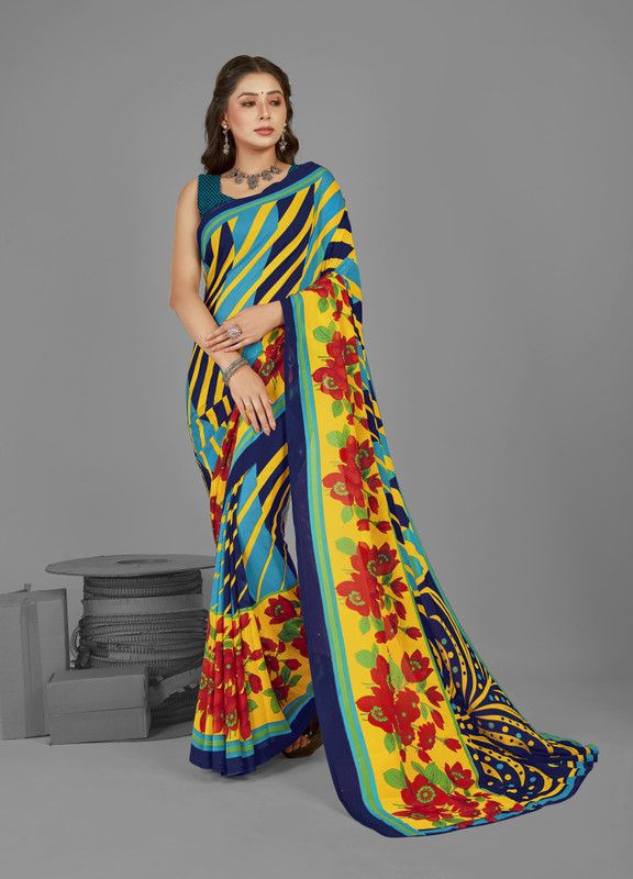 Printed, Striped, Floral Print Daily Wear Georgette Saree  (Light Blue, Blue)