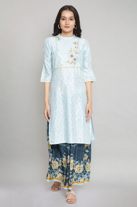Women Floral Print Polyester Straight Kurta  (Blue)