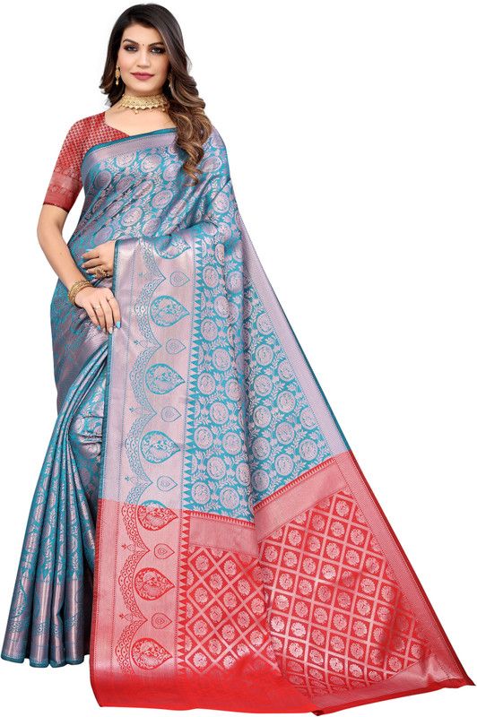 Self Design, Woven Kanjivaram Pure Silk, Art Silk Saree  (Light Blue)