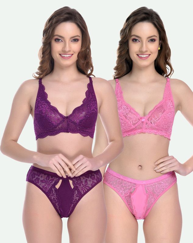 Bra & Panty Set Self Design Purple, Pink Lingerie Set