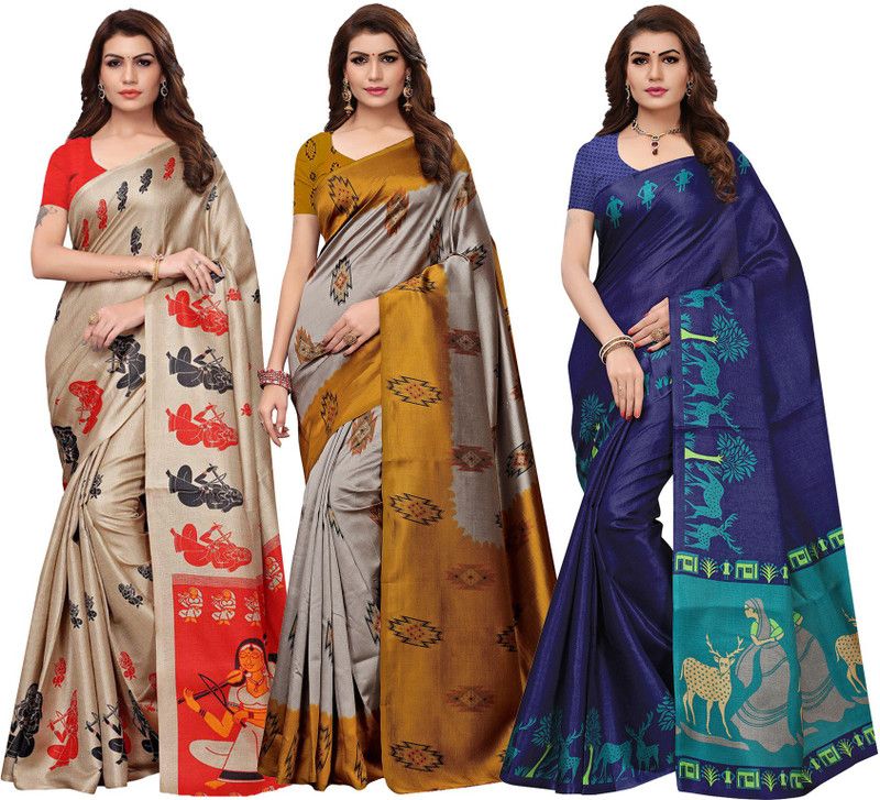 Printed Kalamkari Silk Blend Saree  (Pack of 3, Multicolor)