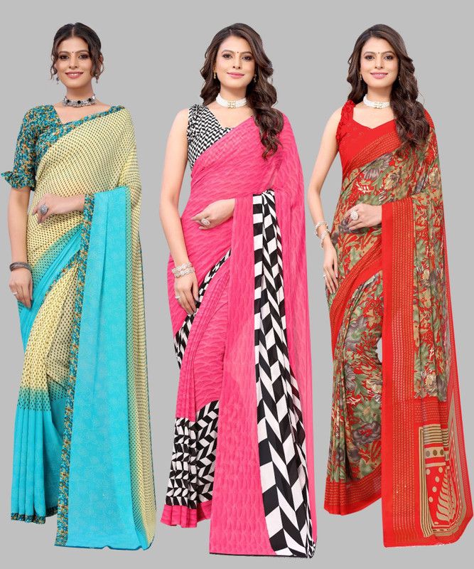 Printed Daily Wear Georgette Saree  (Pack of 3, Red, Pink, Light Green)