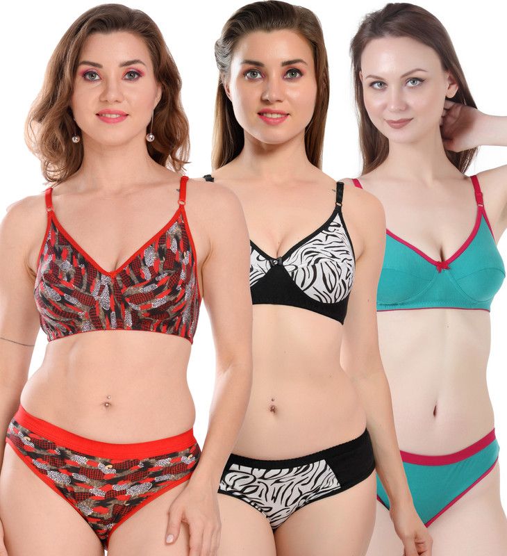 Bra & Panty Set Self Design Black, Green, Red Lingerie Set