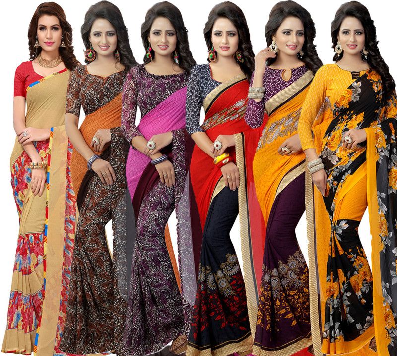 Printed Daily Wear Georgette Saree  (Pack of 6, Purple, Red, Pink, Orange, Yellow, Cream)