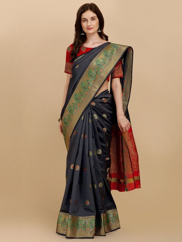 Banarasi Cotton Blend, Silk Blend Saree  (Grey, Red)