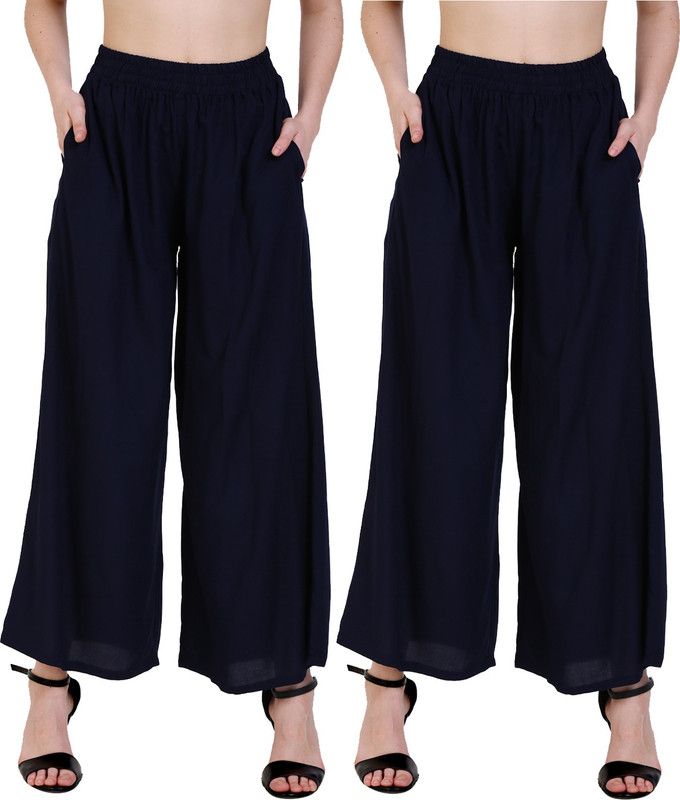 Pack of 2 Women Regular Fit Dark Blue, Dark Blue Cotton Blend Trousers