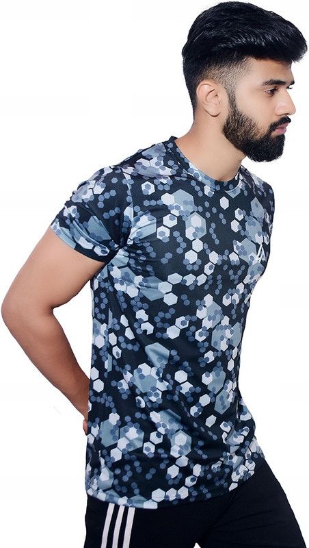 Men Polka Print Round Neck Polyester Dark Blue, White, Grey T-Shirt