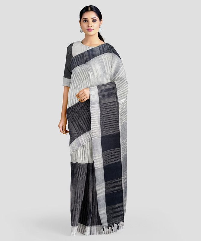 Solid/Plain Daily Wear Pure Cotton Saree  (White, Black)