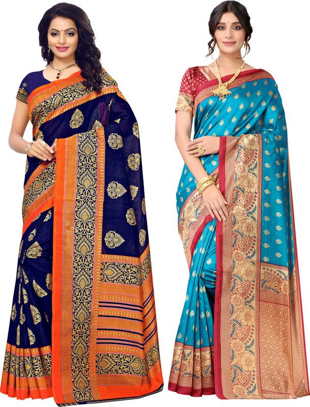 Printed, Geometric Print, Floral Print Kalamkari Art Silk, Cotton Silk Saree  (Pack of 2, Dark Blue, Blue)