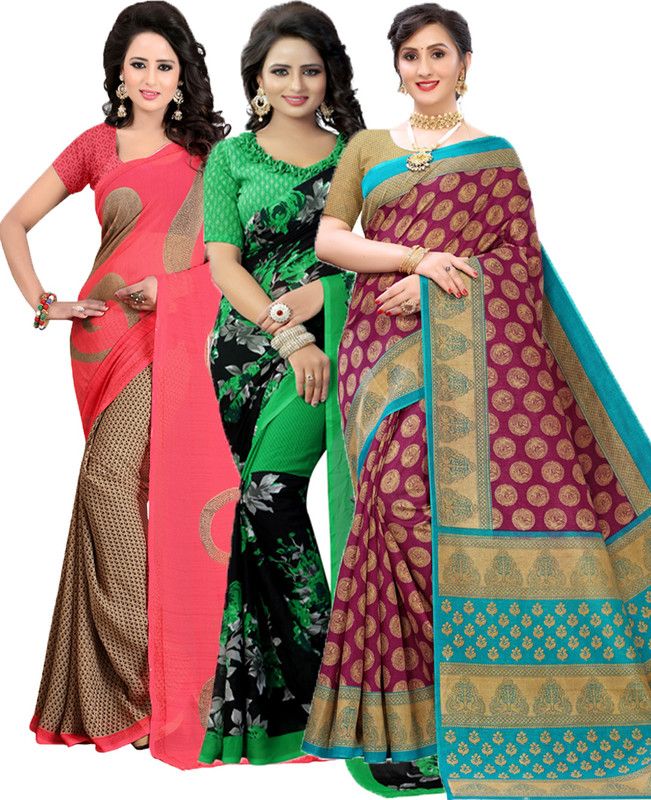 Printed Daily Wear Georgette Saree  (Pack of 3, Red, Green, Light Blue)