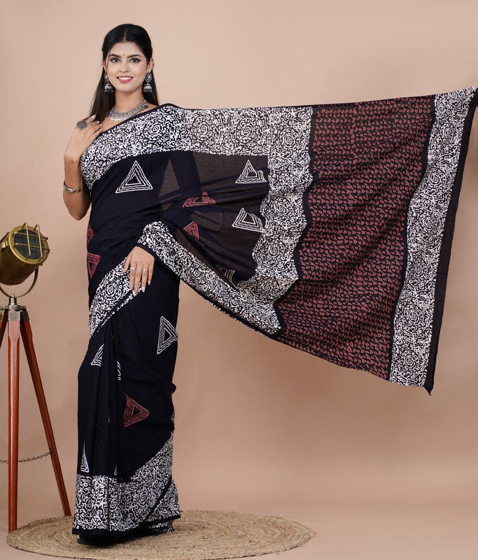 Printed, Blocked Printed Daily Wear Pure Cotton Saree  (Black)