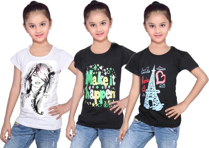 Girls Printed Cotton Blend T Shirt  (Black, Pack of 3)