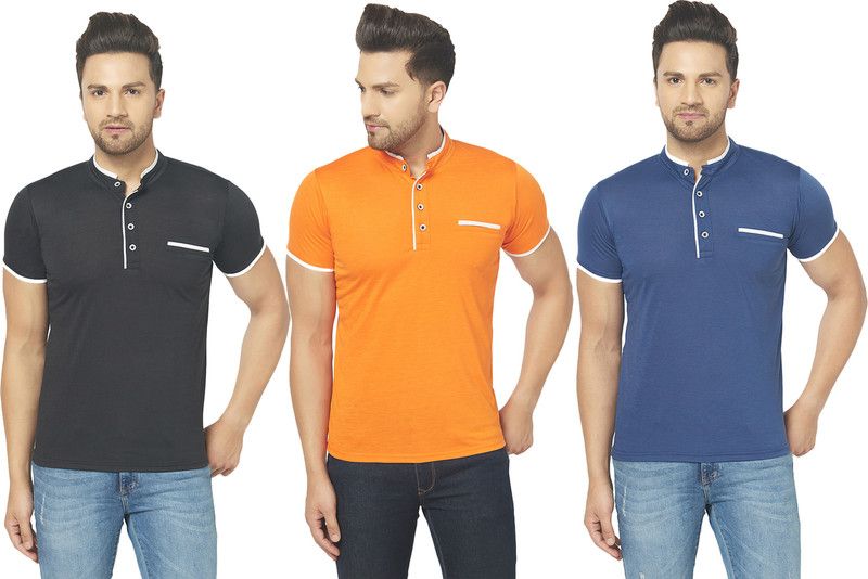 Pack of 3 Henley T-shirt Combo Of Three Men Solid Henley Neck Cotton Blend Blue, Black, Orange T-Shirt