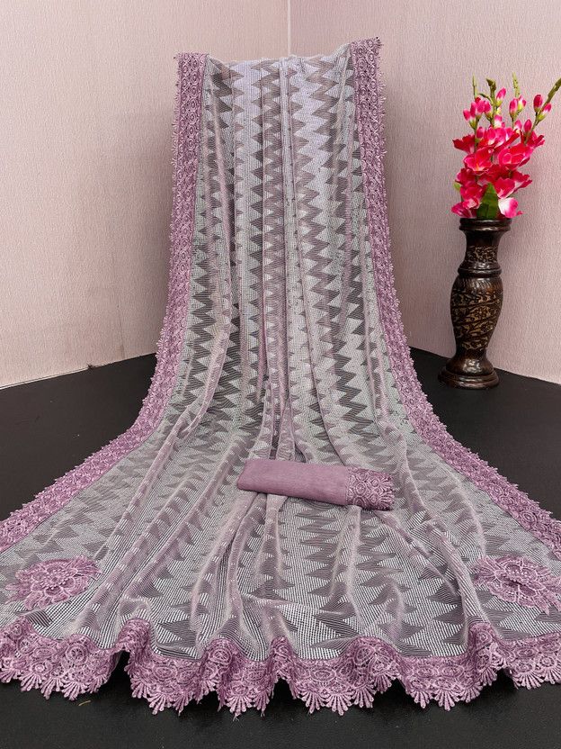 Embroidered Bollywood Lycra Blend Saree  (White, Pink)