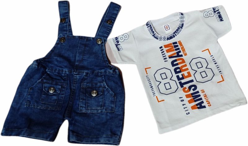Baby Boys & Baby Girls Casual T-shirt Dungaree  (White)
