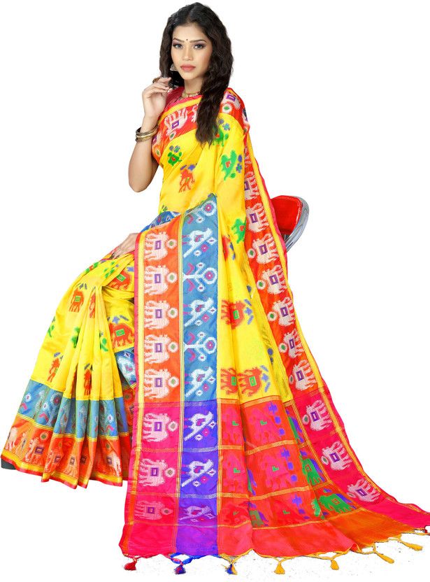 Woven Banarasi Silk Blend Saree  (Multicolor, Yellow)