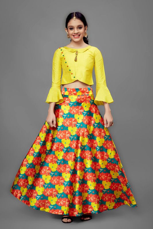 Girls Lehenga Choli Party Wear, Ethnic Wear, Western Wear, Fusion Wear Floral Print Lehenga & Crop Top  (Yellow, Pack of 1)