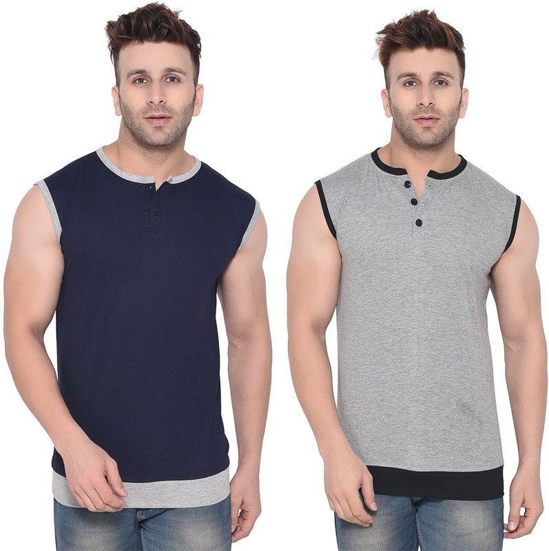 Pack of 2 Men Solid Henley Neck Cotton Blend Silver, Dark Blue T-Shirt