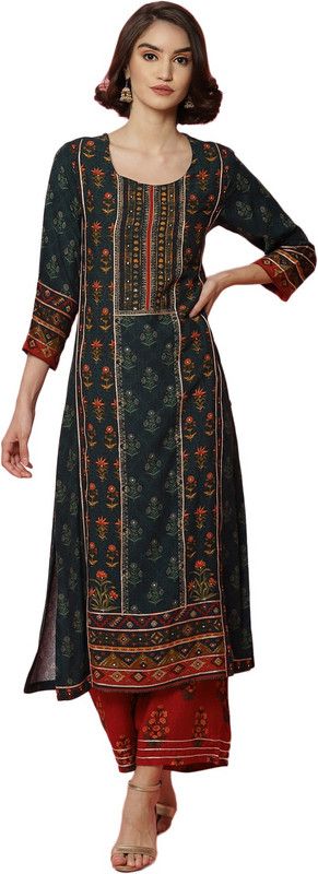 Pack of 2 Women Printed Polyester Straight Kurta  (Dark Blue)