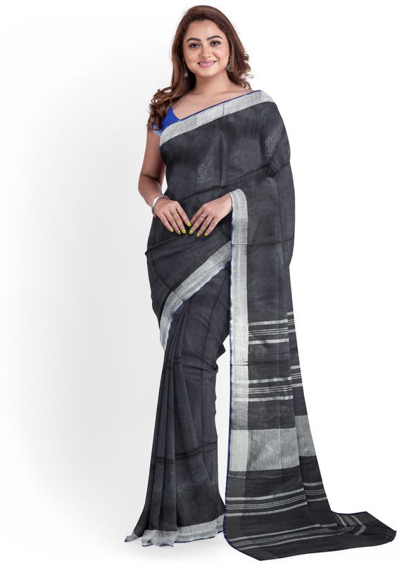 Striped Bhagalpuri Cotton Linen Saree  (Black)