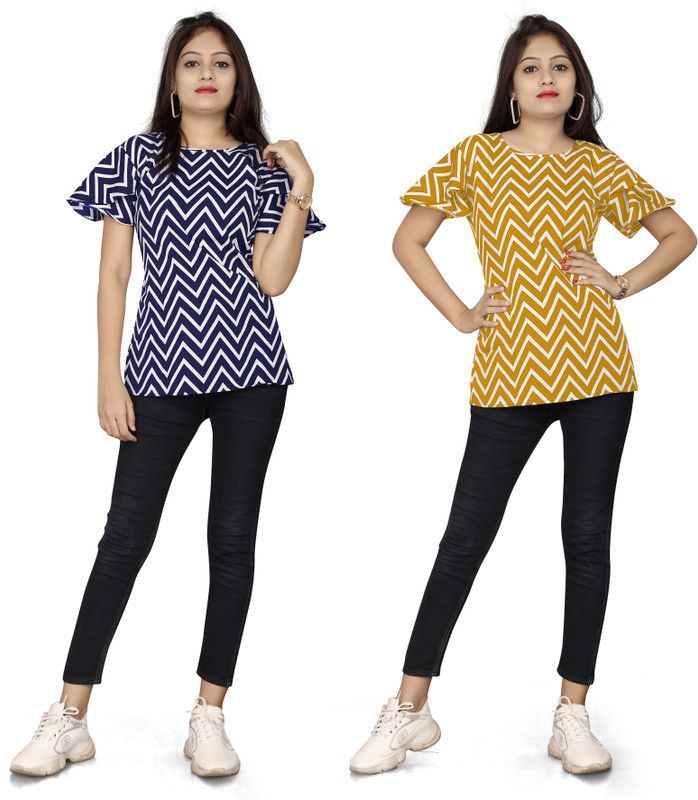 Pack of 2 Party Petal Sleeves Printed Women Blue, Yellow Top