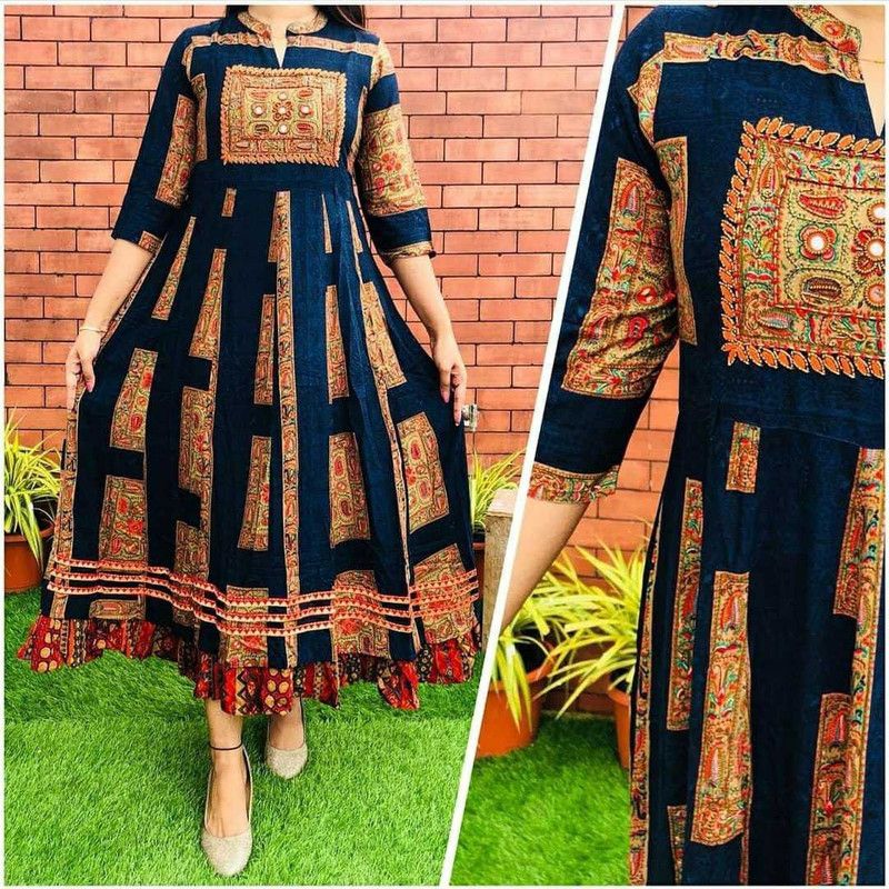 Women Block Print Pure Silk Anarkali Kurta  (Orange)