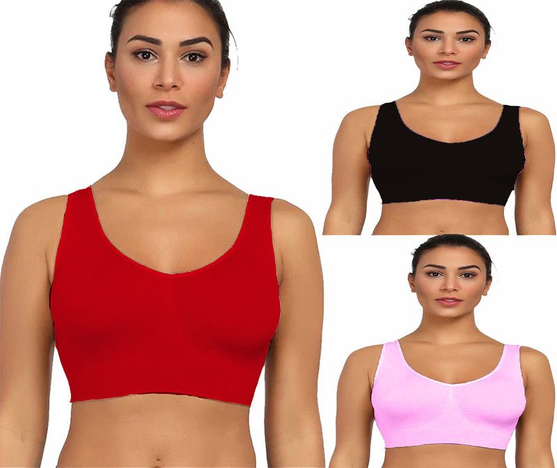 FIMS: Fashion is my style Presents Air Bra for Women, Sports Bra, Cotton Bra Full Coverage, Non-Padded, Black Red Pink, Pack of 3, Size-30B Women Sports Non Padded Bra  (Multicolor)