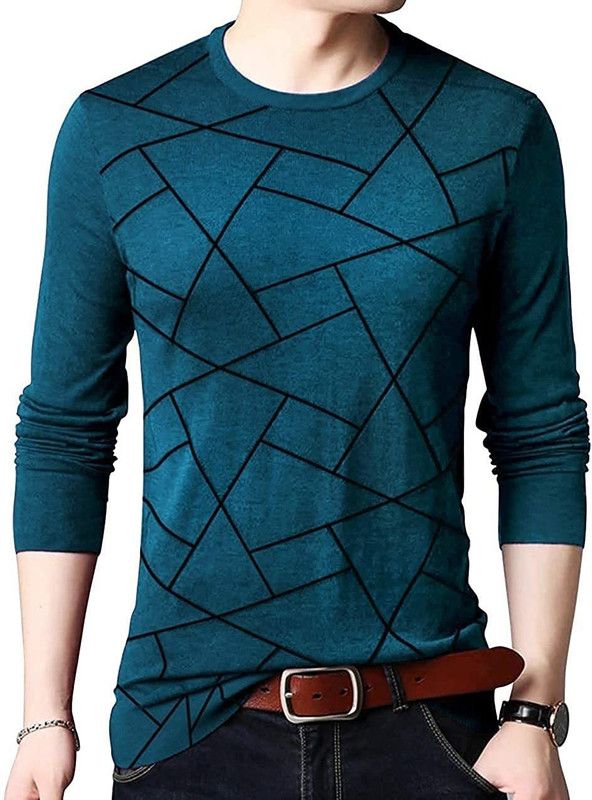 Men Geometric Print Round Neck Pure Cotton Light Blue T-Shirt