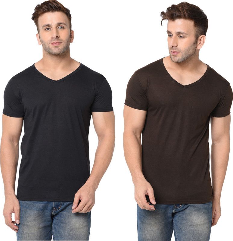 Pack of 2 Men Solid V Neck Cotton Blend Brown, Black T-Shirt