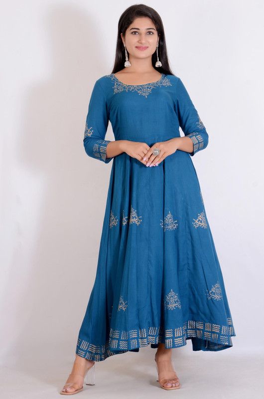 Women Printed, Abstract, Embellished, Floral Print, Solid, Colorblock Viscose Rayon Flared Kurta  (Blue)