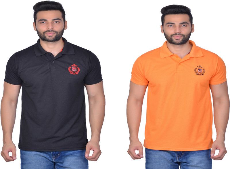 Pack of 2 Men Self Design, Solid Polo Neck Cotton Blend Black, Orange T-Shirt