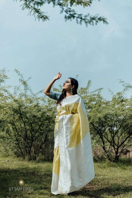Banarasi Art Silk Saree  (White, Yellow)