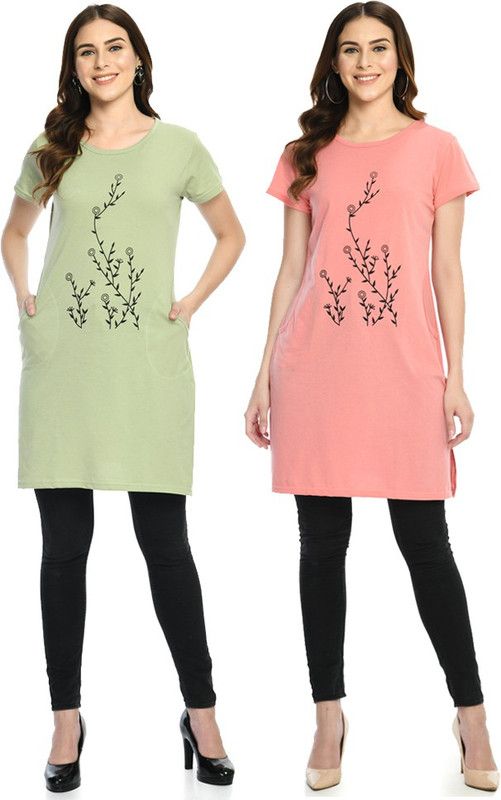 Pack of 2 Casual Cap Sleeves Printed Women Green, Pink Top