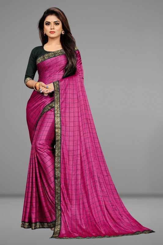 Checkered Banarasi Lycra Blend, Cotton Jute Saree  (Pink)