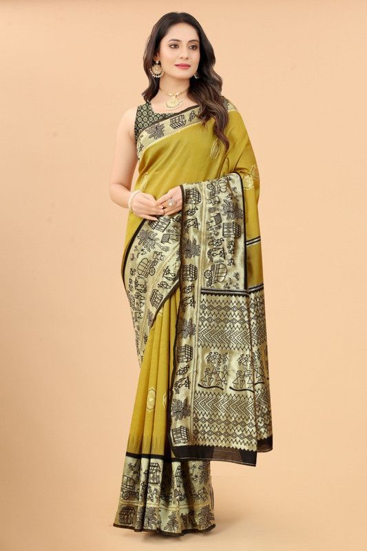 Woven Banarasi Jacquard Saree  (Black, Yellow)