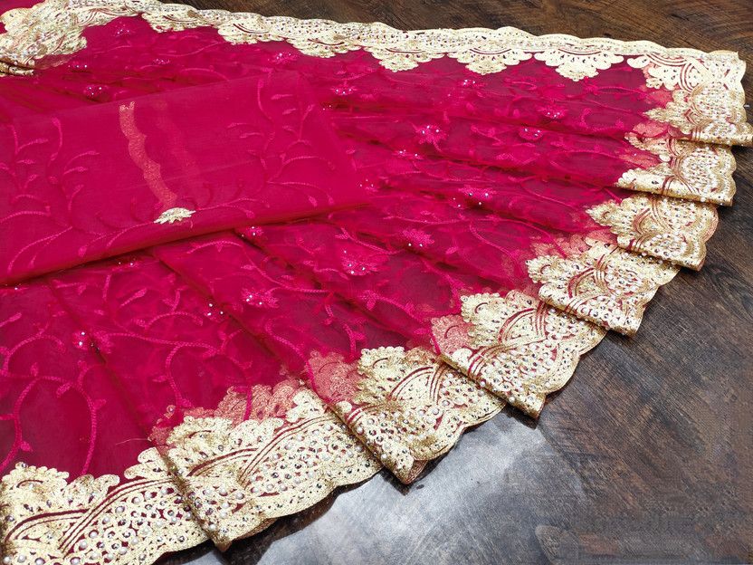 Embroidered, Self Design Bollywood Net Saree  (Pink)