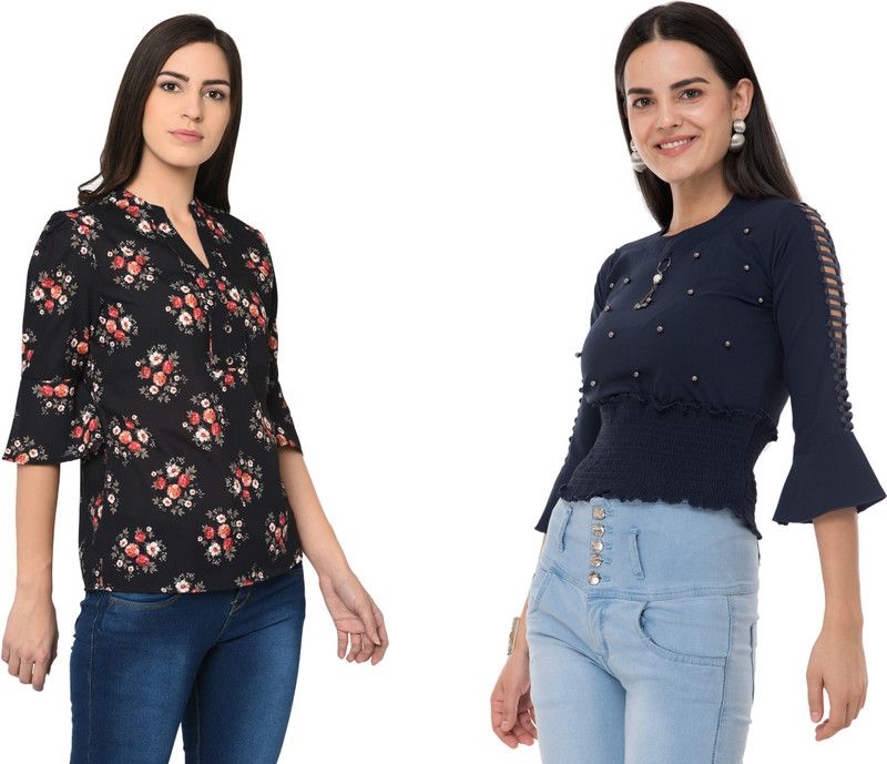 Pack of 2 Casual Regular Sleeves Self Design Women Multicolor, Blue Top