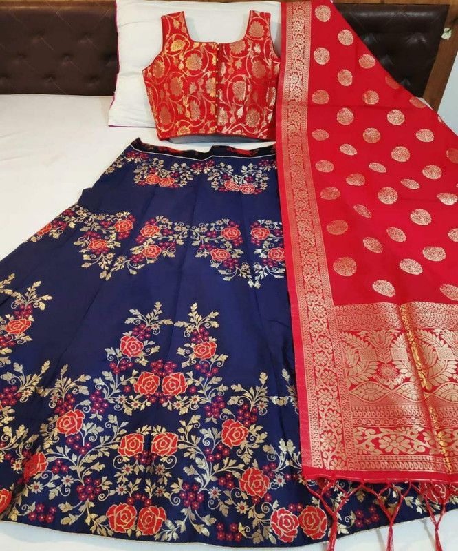 Embellished, Self Design Semi Stitched Lehenga Choli  (Blue, Red)