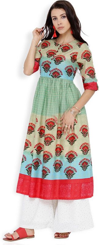 Women Printed Cotton Blend A-line Kurta  (Light Blue, Red)