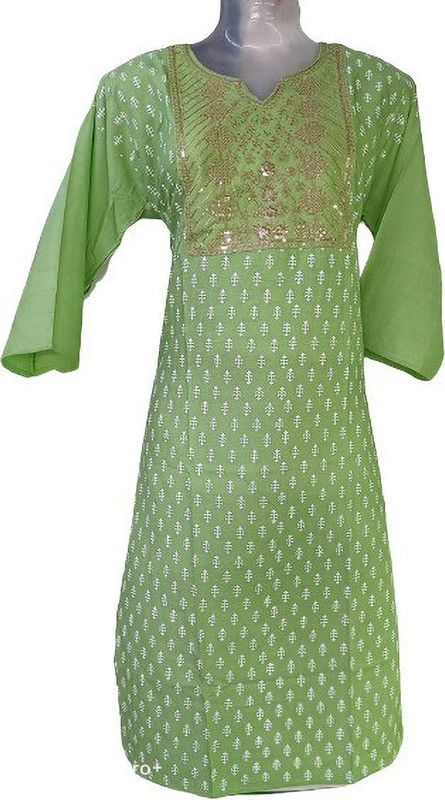 Women Floral Print Cotton Linen Straight Kurta  (Green)
