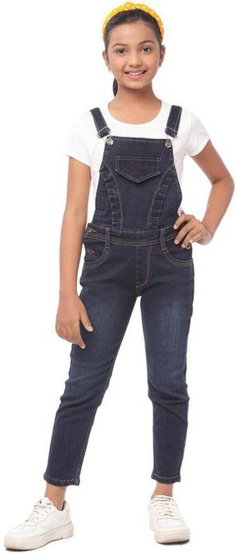 Dungaree For Girls Casual Solid Denim  (Dark Blue, Pack of 1)