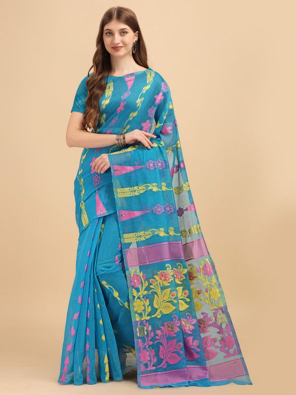 Floral Print Jamdani Cotton Silk Saree  (Light Blue)